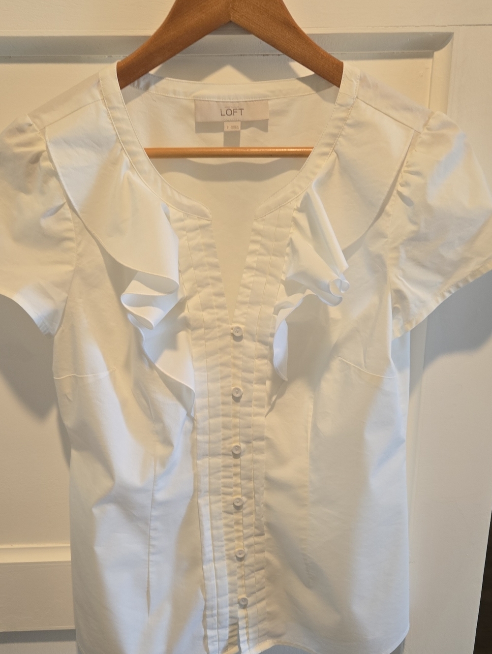 LOFT White Ruffle Front Button-Down Top